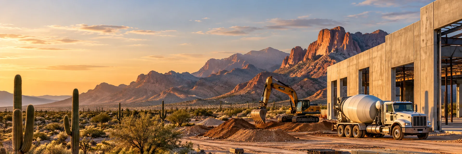 A Sonoran desert construction site at sunrise, saguaro cactus in the foreground and an excavator and concrete mixer truck at a tilt-up building — Arizona contractor insurance
