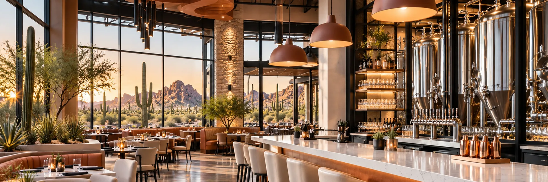 An Arizona restaurant and brewery interior at sunset, marble bar and copper pendant lights with brewing tanks, windows onto saguaro desert and red rock — restaurant and brewery insurance in Phoenix