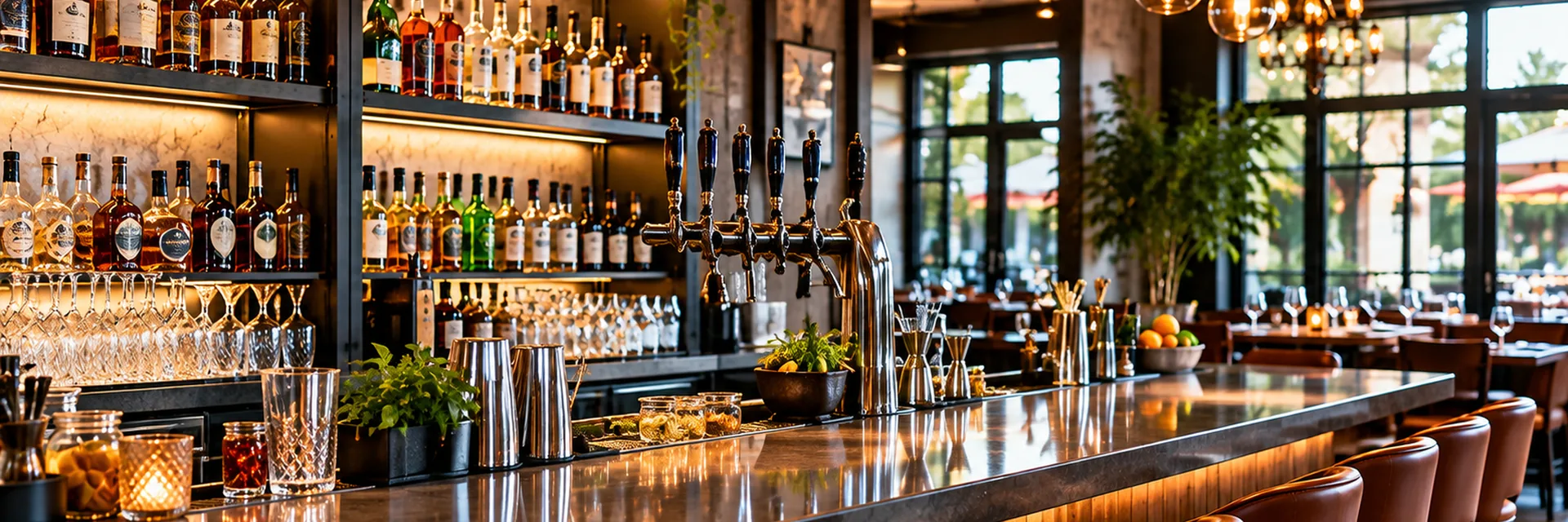 The service side of a restaurant bar: a lit back bar of bottles, a row of beer taps, mixing tins and glassware, with stools and the dining room beyond — liquor liability insurance