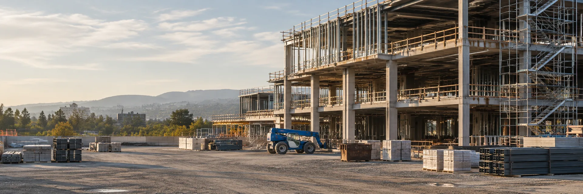 A commercial building under construction with a tower crane overhead — general contractor insurance package — GL, workers comp and equipment