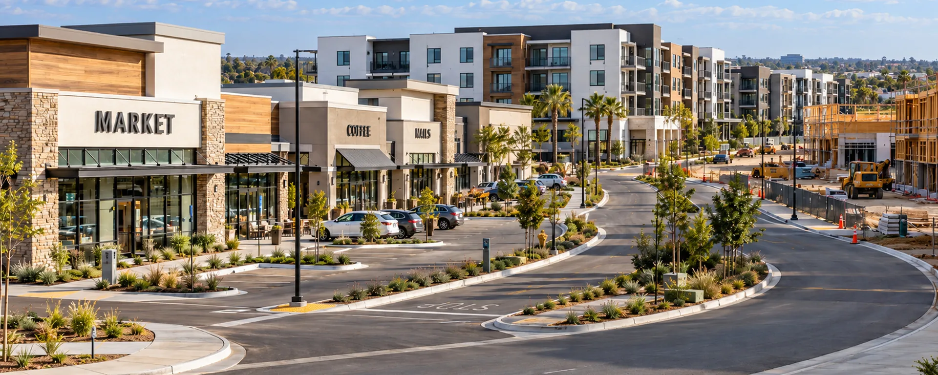 A new mixed-use development, a market and shops with mid-rise apartments behind them and roads still under construction — project-specific insurance requirements for California developers and