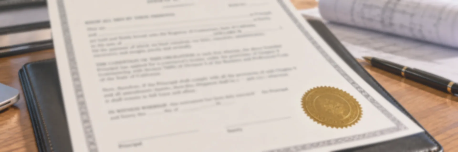 A California contractor license bond certificate on a desk in a contractor’s office, with an embossed gold seal, rolled plans and a pen beside it — CSLB $25,000 contractor license bond