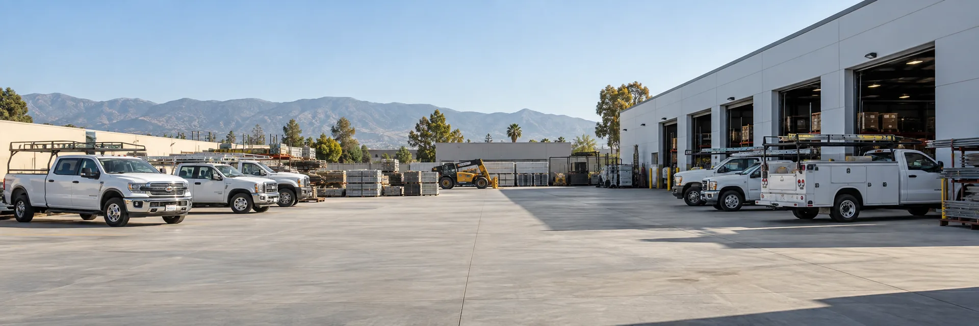 A contractor’s yard and shop with work trucks and stored materials — California contractor insurance — general liability, workers comp, commercial auto and bonds
