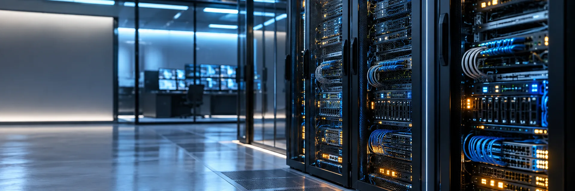 A data center aisle at night, locked server racks with status lights and bundled network cabling, an operations room behind glass — cyber insurance by industry