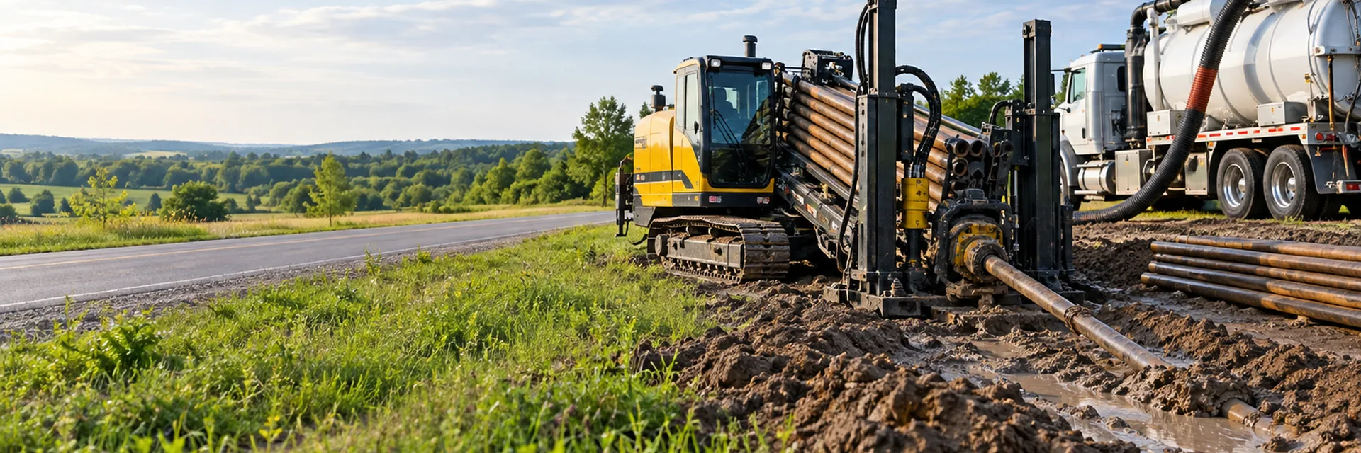 A horizontal directional drilling rig set up on a roadside verge with drill pipe and a vacuum truck alongside — directional drilling and trenchless utility contractor insurance