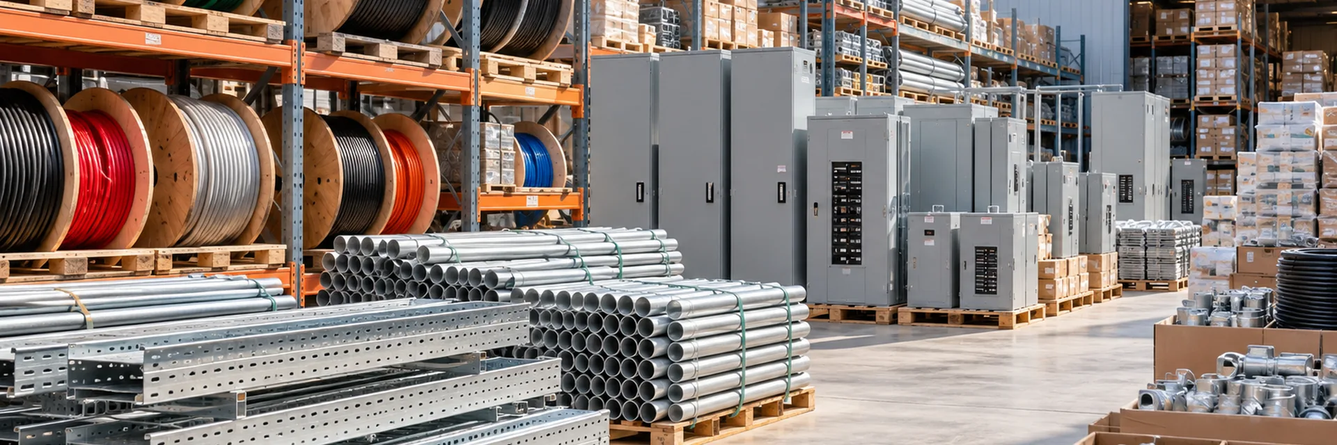 An electrical supply house with racked reels of building wire, bundled steel conduit and strut, and switchgear and load centers staged on pallets — electrical supply distributor insurance california