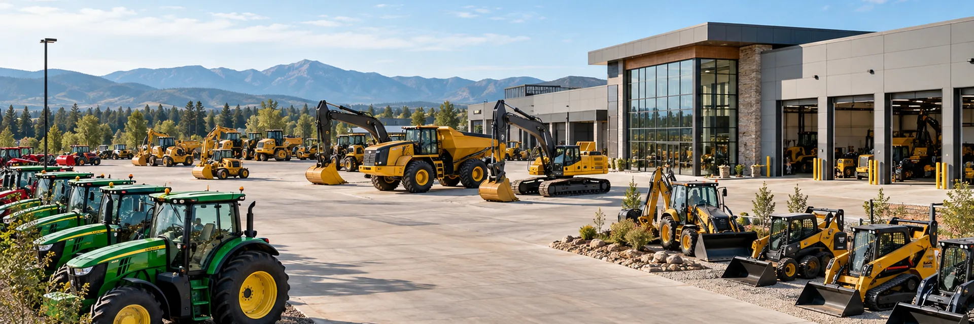 An equipment dealership lot with rows of agricultural tractors, excavators, an articulated hauler and skid steers on display, the sales building and open service bays behind — construction equipment