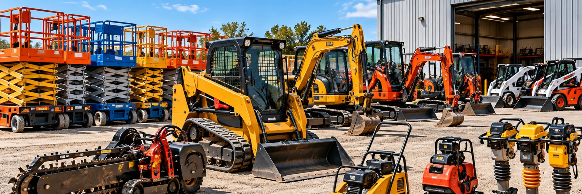 A rental fleet staged outside the shop: scissor lifts in a row, a track loader and mini excavators, with plate compactors, rammers and a trencher out front — construction equipment rental insurance