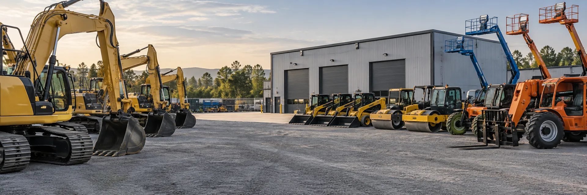 An equipment rental yard lined with lifts and compact machines — rented and leased contractor equipment insurance