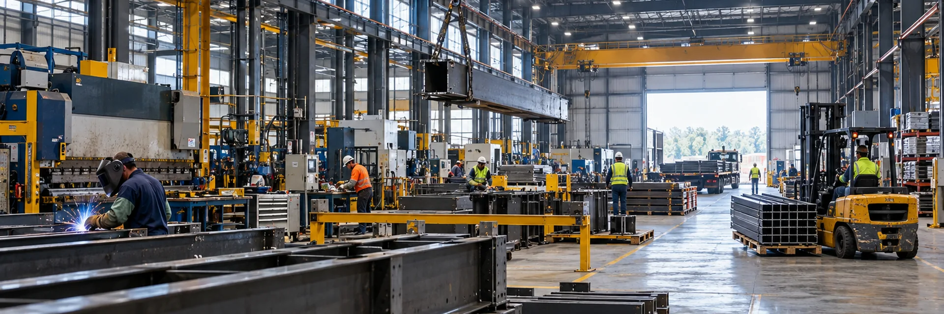 A heavy industrial fabrication floor under overhead bridge cranes, a steel beam on the hook, a welder at work, press brakes down the bay and a forklift moving bundled tube — umbrella and excess