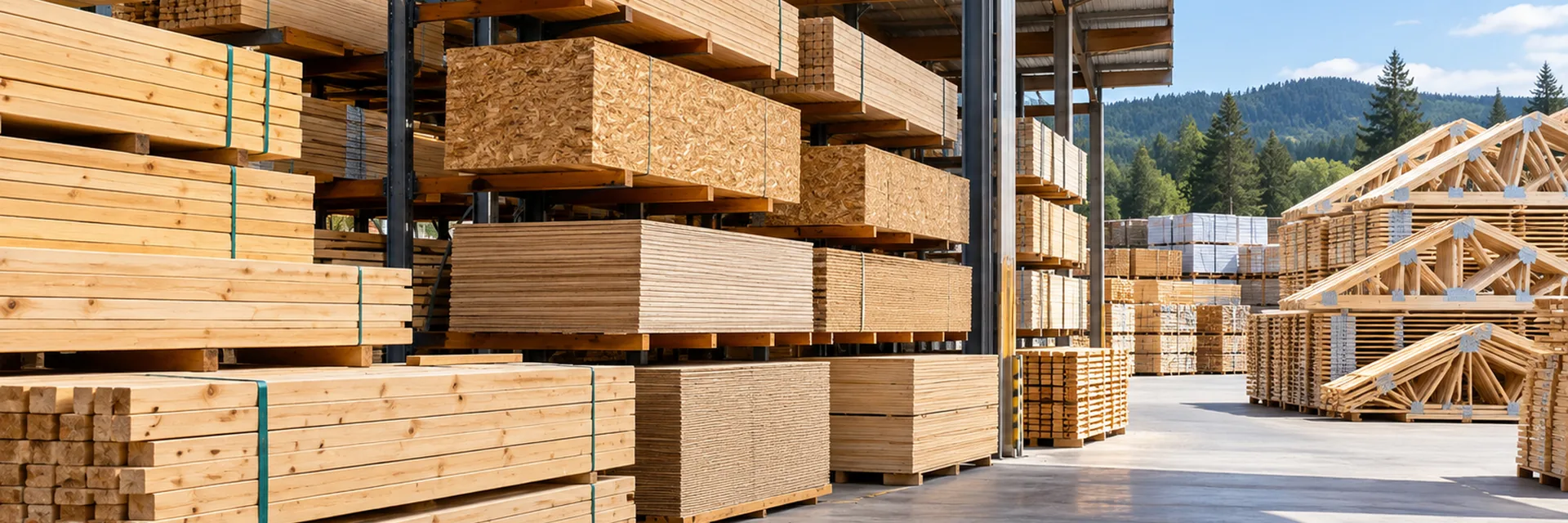 A covered lumber yard with racked dimensional lumber, bunks of sheathing and plywood, and completed roof trusses stacked in the open bay beyond — lumber building material dealer insurance california