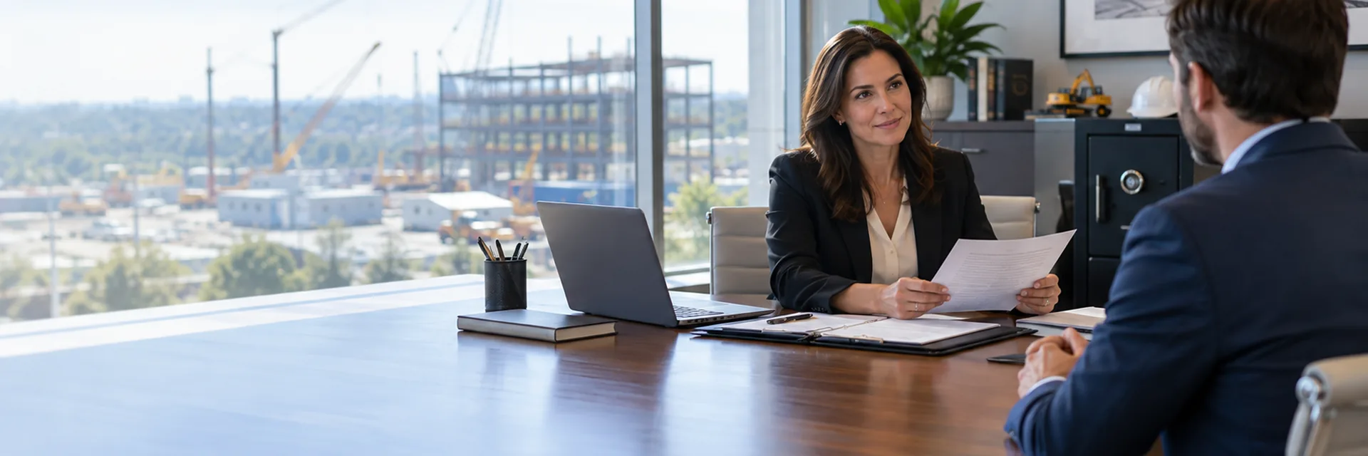 Two people meeting across a boardroom table over a document, a locked safe and bound records behind them, a construction site through the window — management liability insurance
