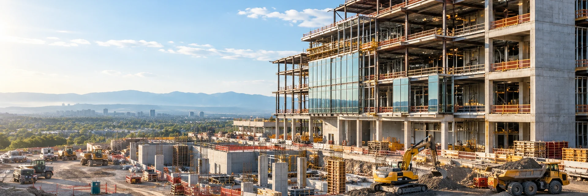 A mid-rise commercial building going up in structural steel and glass, with foundations and formwork still in progress across the site — commercial insurance for growing California contractors ($3M+