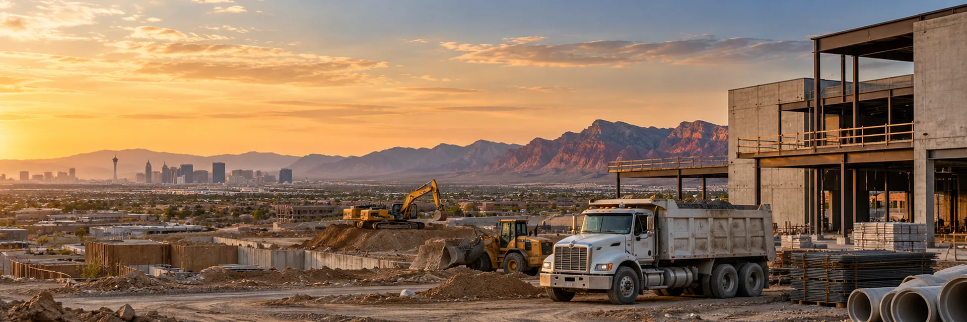 A Las Vegas valley construction site at sunrise, foundation walls and an excavator with the Strip skyline and the Spring Mountains behind — Nevada contractor insurance