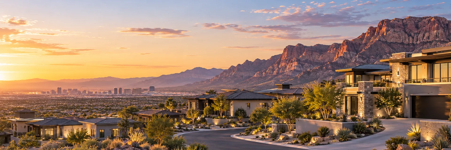A Las Vegas hillside development, finished homes on a curving street with the valley and the Red Rock escarpment beyond — developer and subdivider insurance in Reno, Nevada