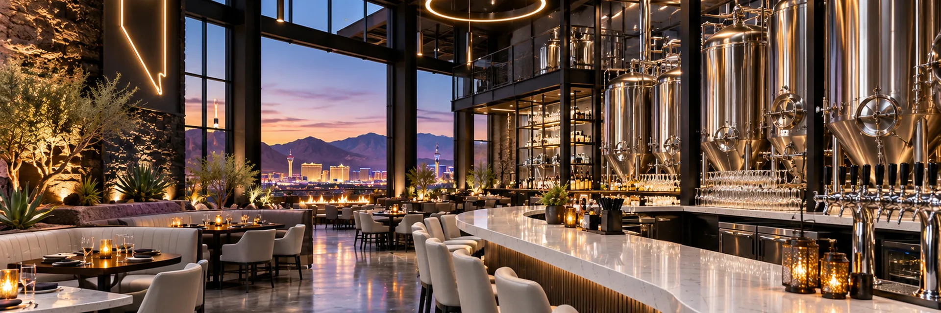 A Nevada restaurant and brewery interior at dusk, a curved marble bar and brewing tanks with windows onto the Las Vegas skyline and the mountains beyond — restaurant and brewery insurance for Nevada