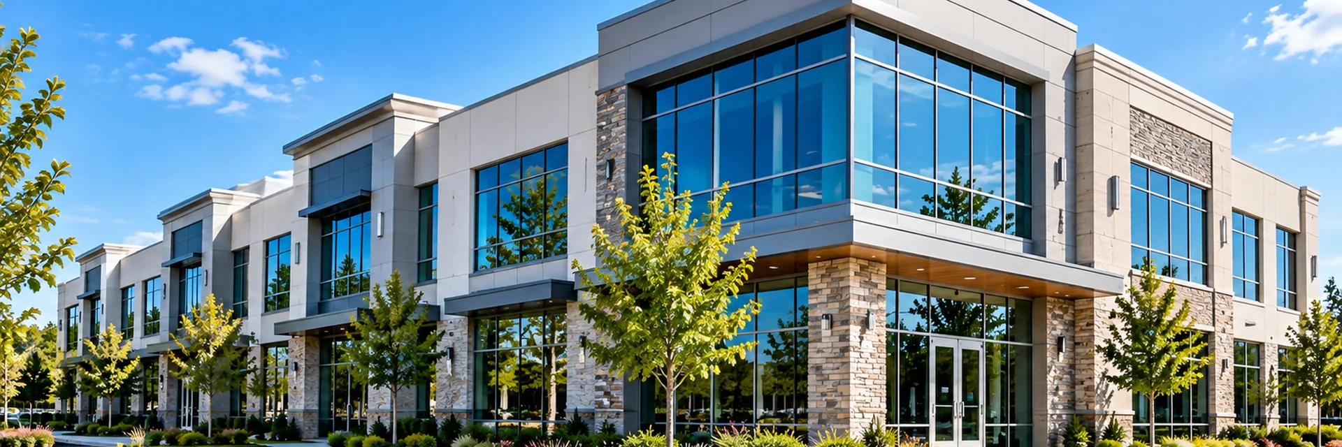 A two-story commercial office building with a glass curtain wall and stone piers, young trees and a marked parking lot in front — commercial property insurance for California businesses and