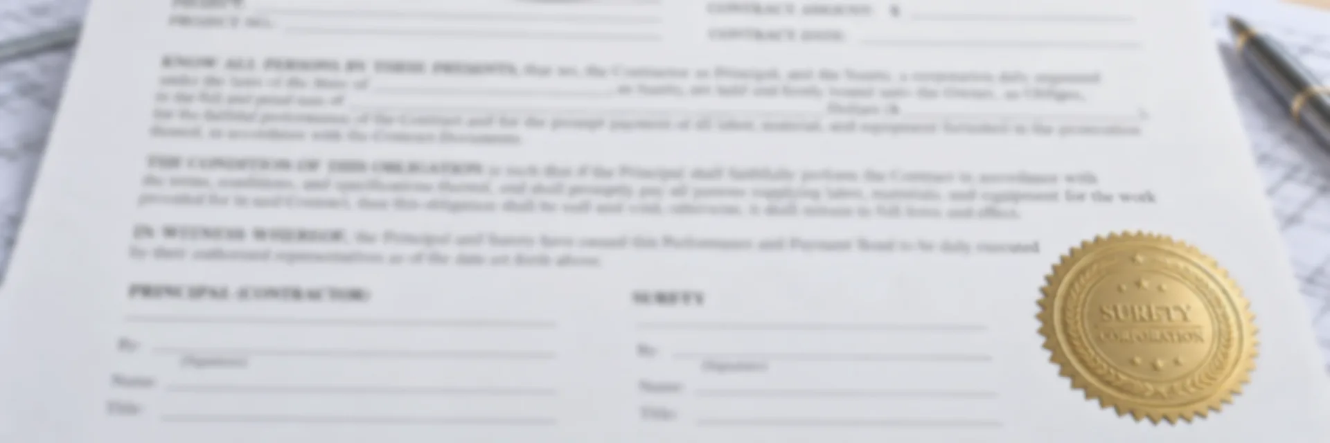 A performance and payment bond form on a desk with rolled drawings and a fountain pen, carrying a gold surety seal, a mid-rise building under construction behind it — performance and payment bonds