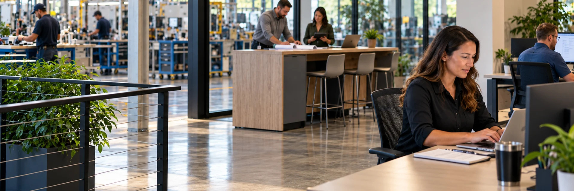 An open-plan office beside a plant floor, a woman working at a laptop in the foreground, colleagues at a standing bench behind glass, and assembly stations running away down the shop