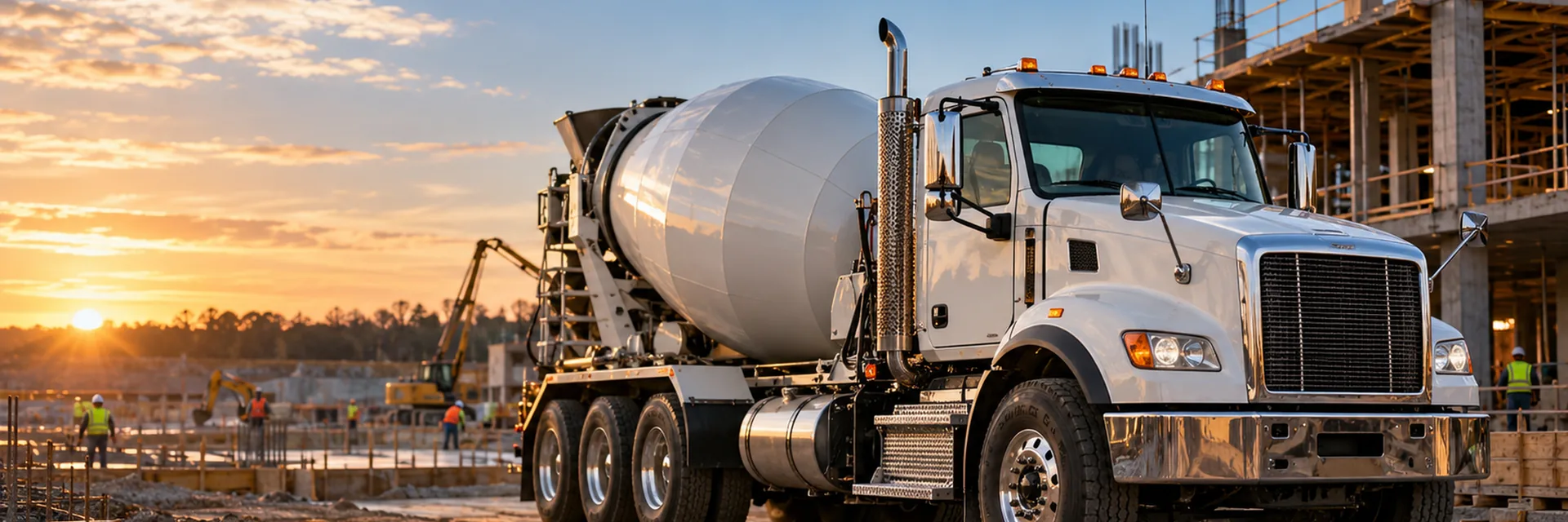 A ready-mix concrete truck with its mixing drum and chute on a jobsite at sunset, a formed slab and reinforcing steel being worked behind it and a concrete structure rising beyond — ready-mix concrete