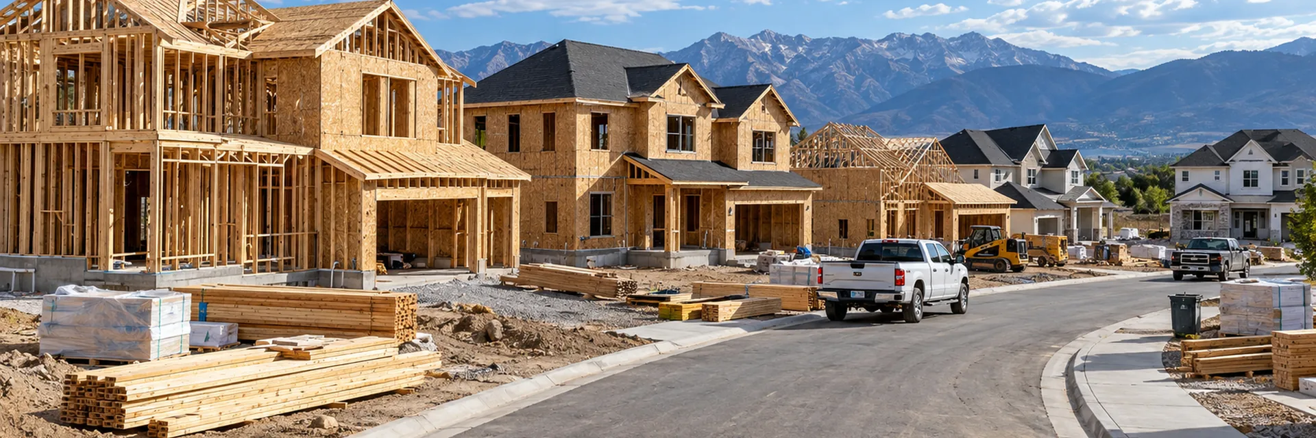 A residential street under construction with timber-framed houses at several stages, stacks of lumber on the lot and a contractor pickup parked at the curb, mountains behind — residential contractors