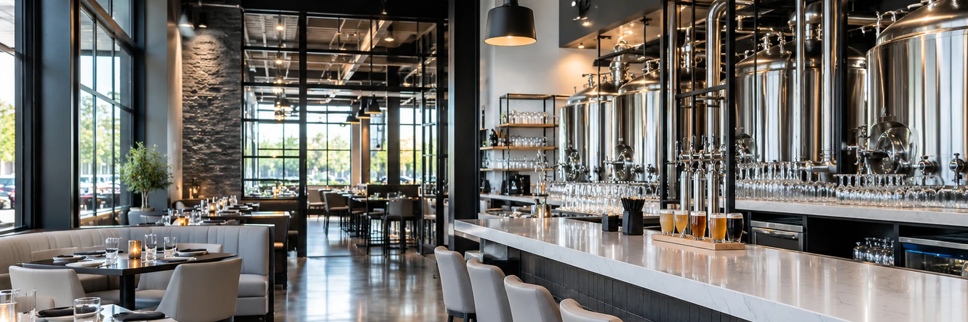 A restaurant and brewery dining room with a marble bar, beer taps and stainless brewing tanks behind it — restaurant and brewery insurance for California