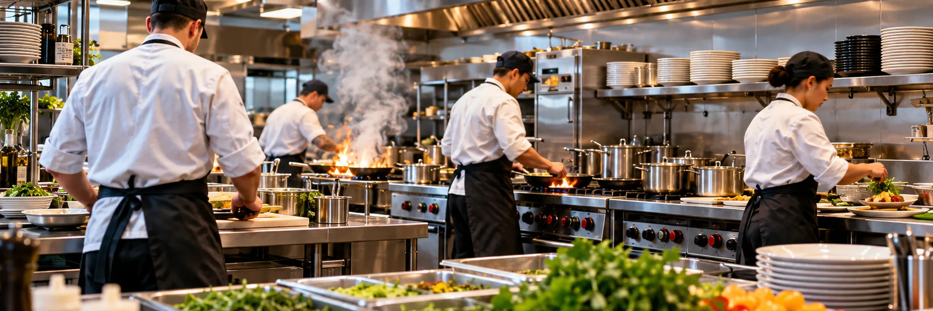 A commercial kitchen crew working the line, cooks at the ranges with pans over open flame under the hood, plates and prepped garnish staged alongside — workers compensation insurance for California