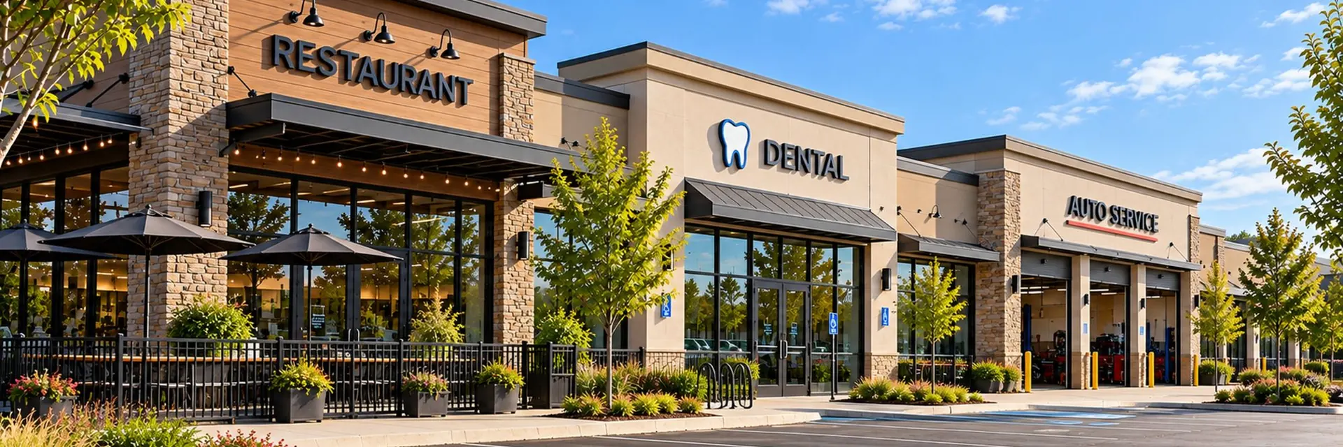 A multi-tenant retail center on a clear day, with a restaurant and its shaded patio, a dental practice and an auto service shop with its bay doors open, side by side along one storefront row