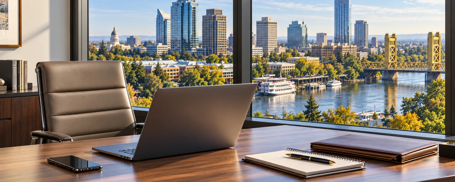A broker’s desk by a window above the Sacramento River, with the skyline, the Capitol dome and Tower Bridge beyond — contacting an independent commercial insurance broker in Folsom, California