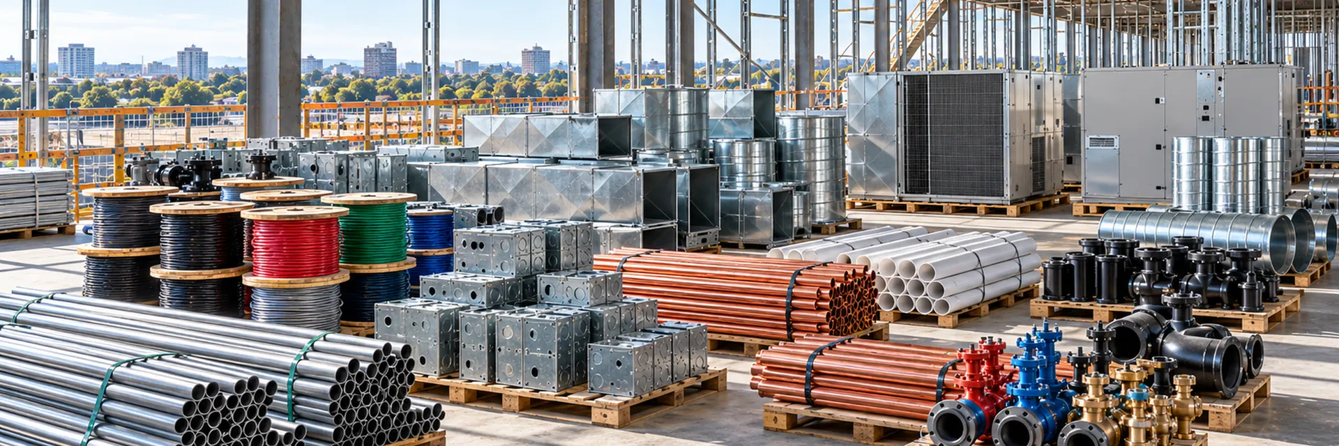 Construction materials staged on pallets inside an unfinished building: wire spools, electrical boxes, copper and PVC pipe, duct sections and rooftop air-handling units — installation floater and