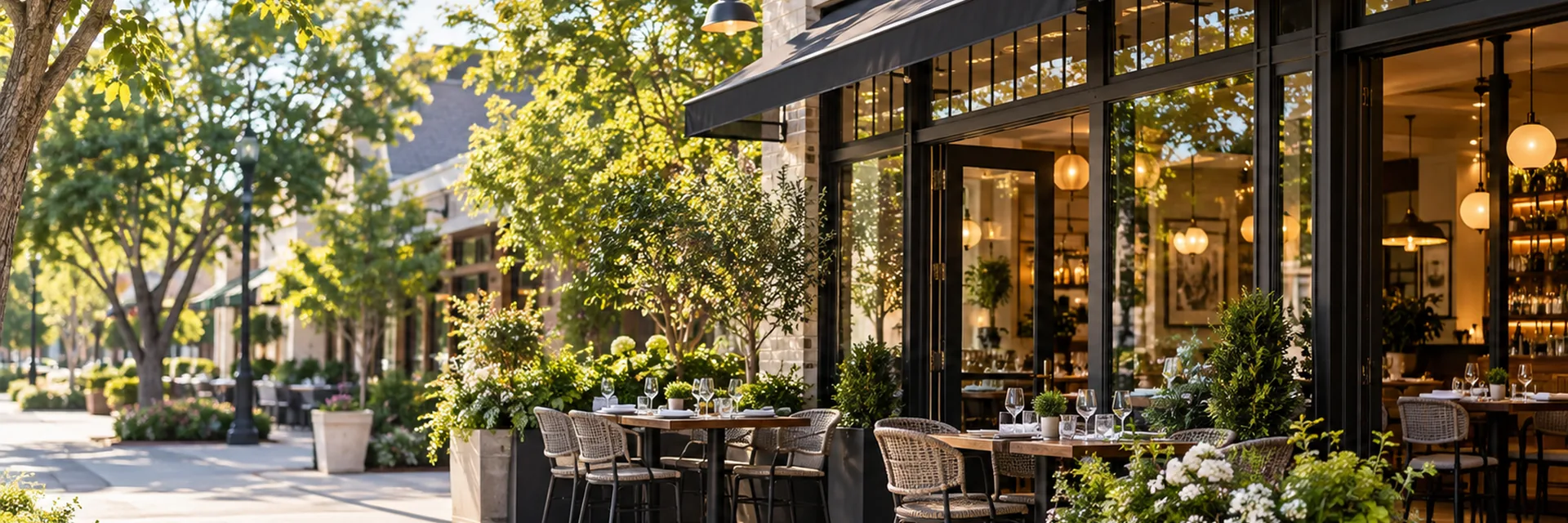 A restaurant storefront on a tree-lined street with its patio tables set for service — commercial property and business owners coverage