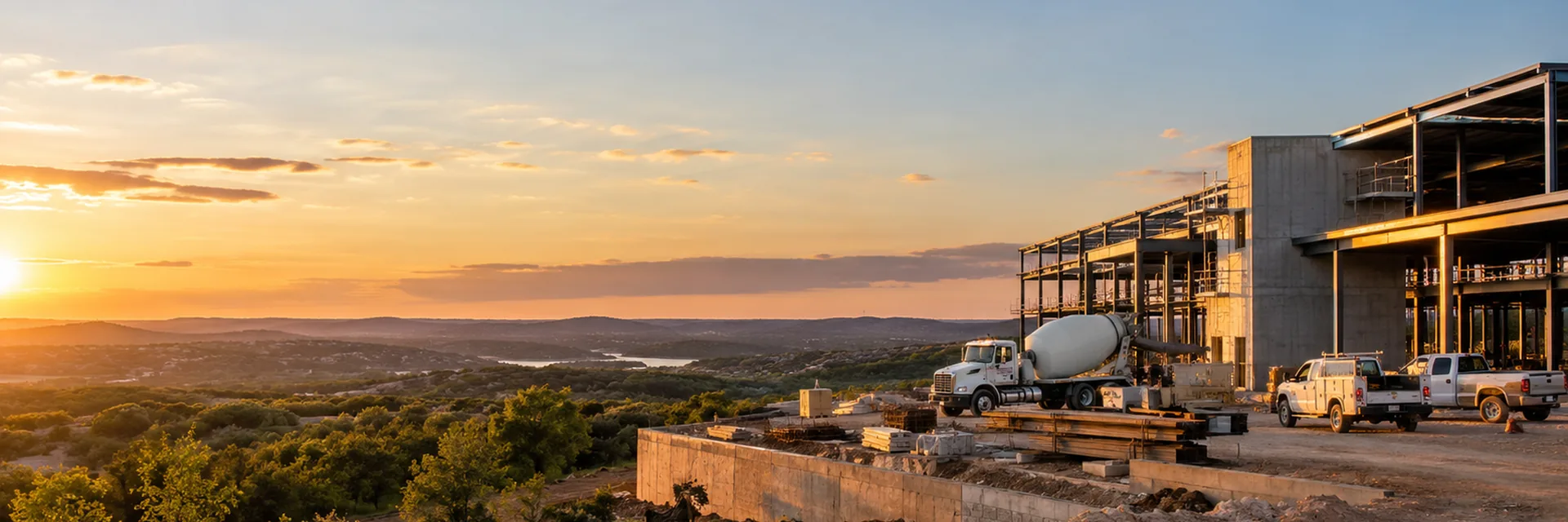 A Texas Hill Country construction site, concrete mixer truck and work pickups at a steel frame building on a limestone pad above a lake — Texas contractor insurance
