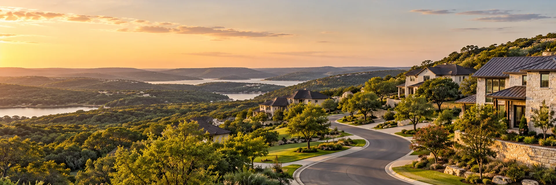 A Texas Hill Country development, stone and brick homes along a curving road with live oaks and a lake in the distance — developer and subdivider insurance in Austin, Texas