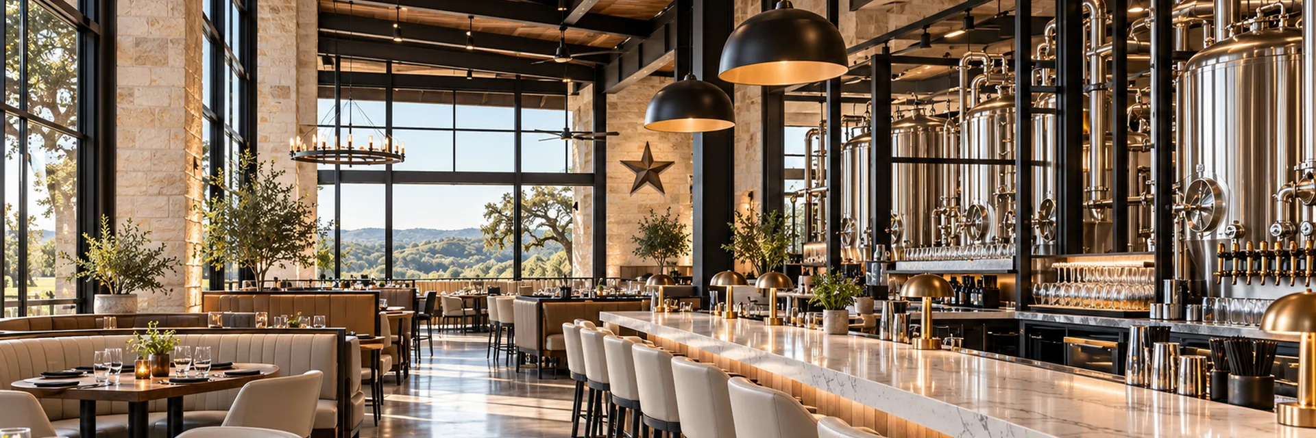 A Texas restaurant and brewery interior, limestone walls and a lone star above the marble bar with brewing tanks, windows onto hill country — restaurant and brewery insurance for Texas