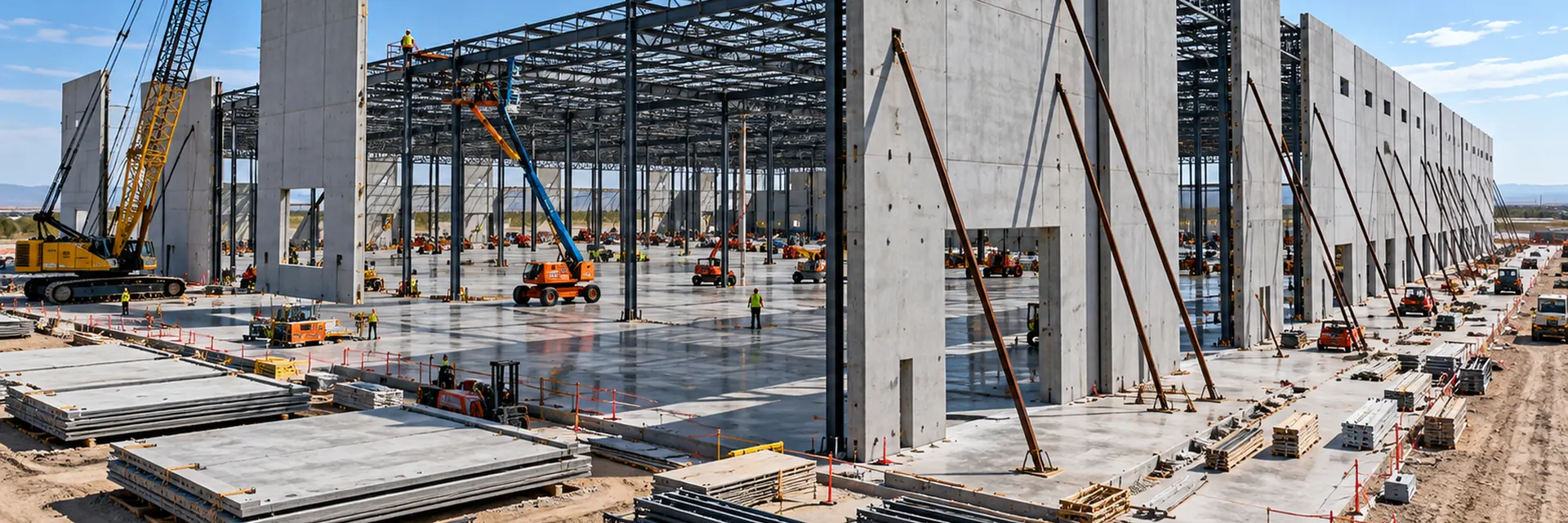 A tilt-up industrial building under construction: a crawler crane setting a concrete wall panel, braced panels along the elevation, long-span steel joists over a finished slab — data center constructi