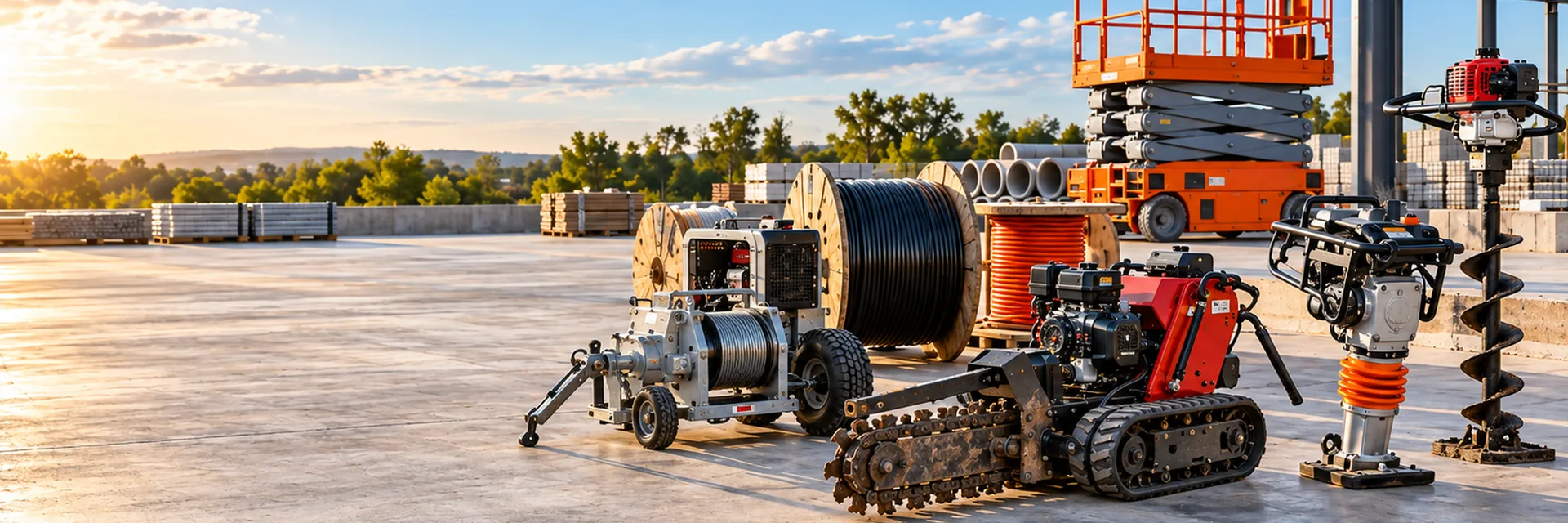 A trailer-mounted winch, cable reels, a walk-behind trencher, a rammer compactor, an auger and a scissor lift on a job site — contractor equipment and inland marine insurance