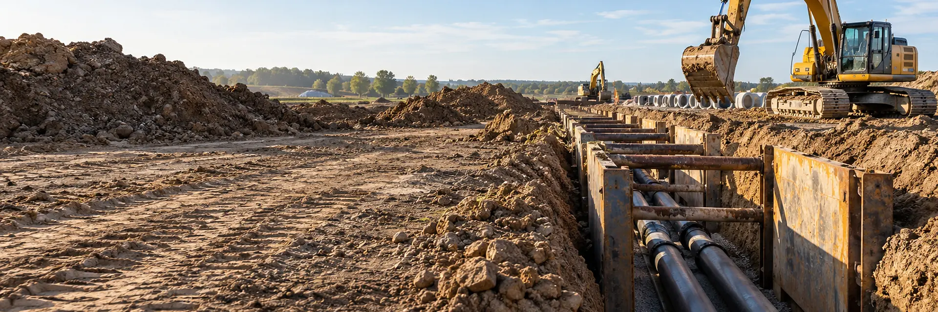 An open trench with underground utility pipe being laid — underground utility, water, sewer and natural gas contractor insurance