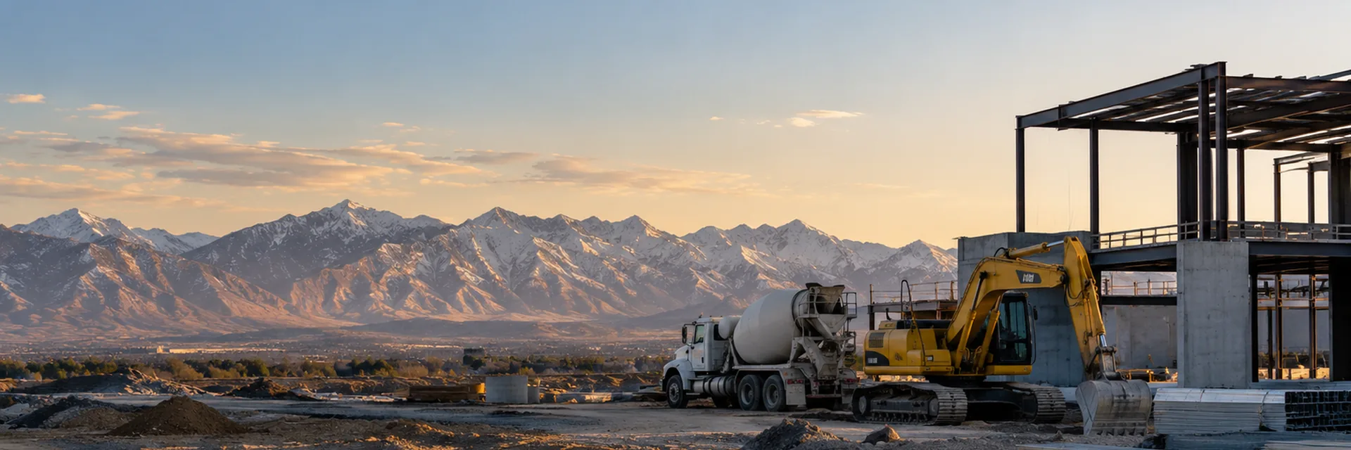 A Utah construction site in a wide valley, excavator and concrete mixer at a steel frame building with the snow-capped Wasatch range behind — Utah contractor insurance