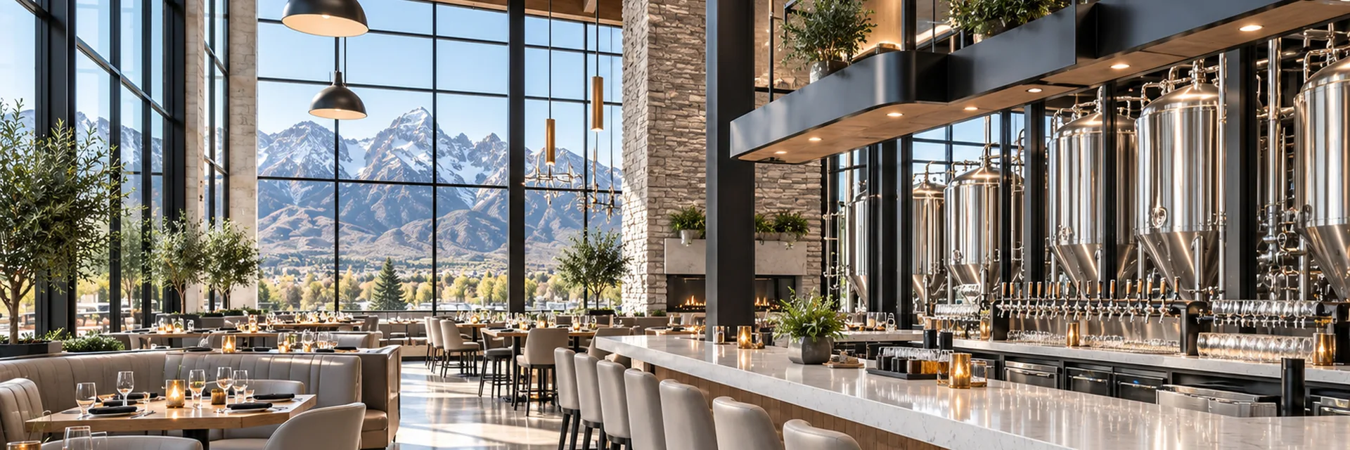 A Utah restaurant and brewery interior, marble bar and brewing tanks with floor-to-ceiling windows onto the snow-capped Wasatch range — restaurant and brewery insurance in Ogden, Utah