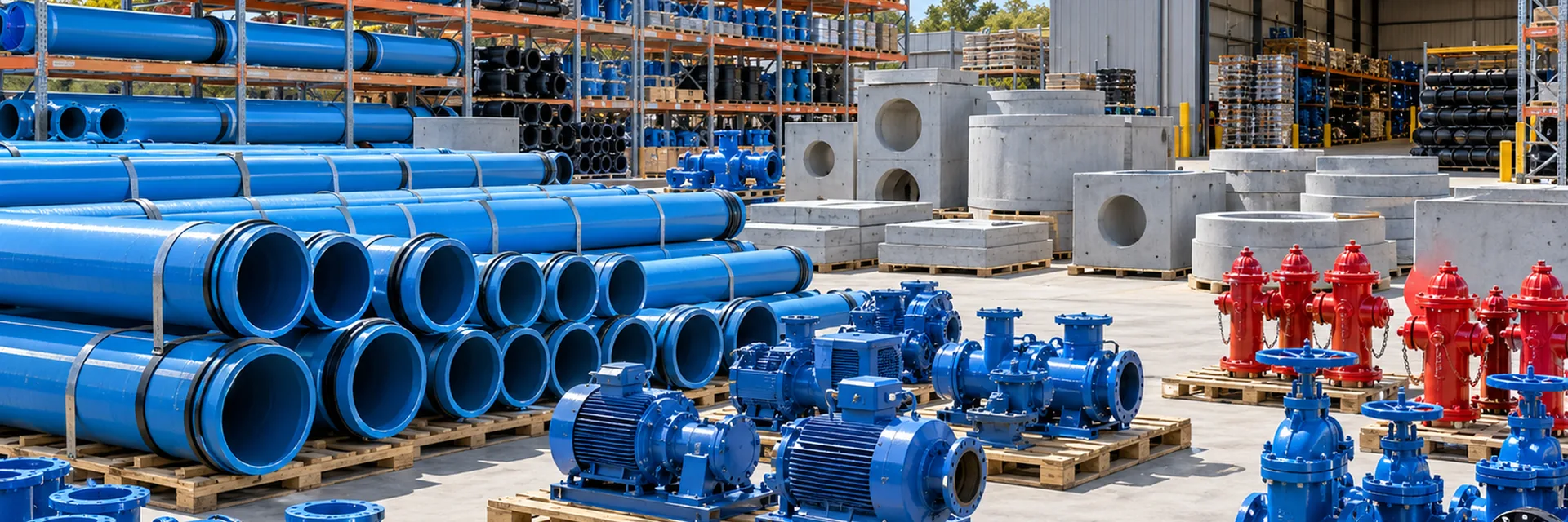 A waterworks supply yard stacked with large-diameter blue water main pipe, flanged valves, pumps, fire hydrants and precast concrete vaults — pump waterworks supplier insurance california