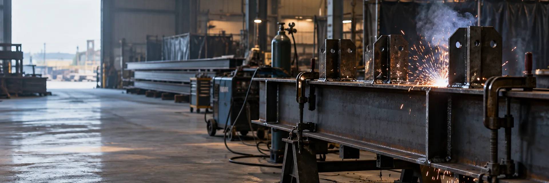 A welder joining structural steel, sparks flying from the arc — fabricated plate work and tank contractor insurance