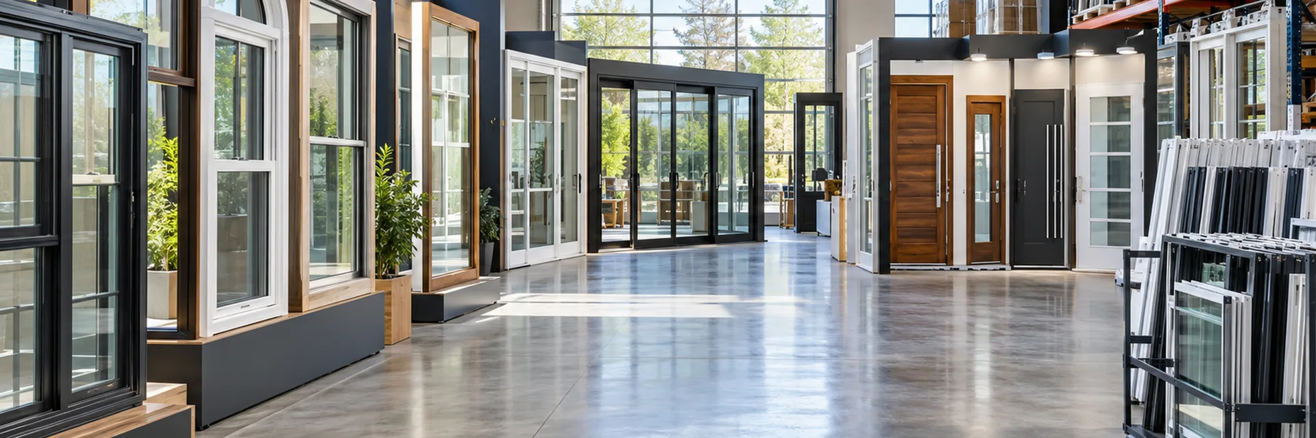 A window and door supplier’s showroom with hung window units, entry and patio doors displayed upright, and racked sashes in the warehouse behind — window door supplier insurance california