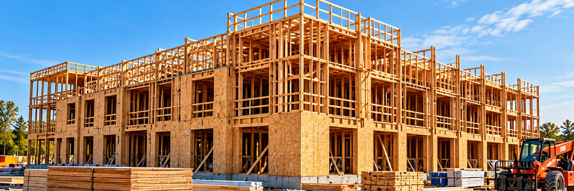 A multi-story wood-framed building under construction, open to weather, with sheathed walls, stacked lumber on the pad and a telehandler alongside — builders risk insurance for California