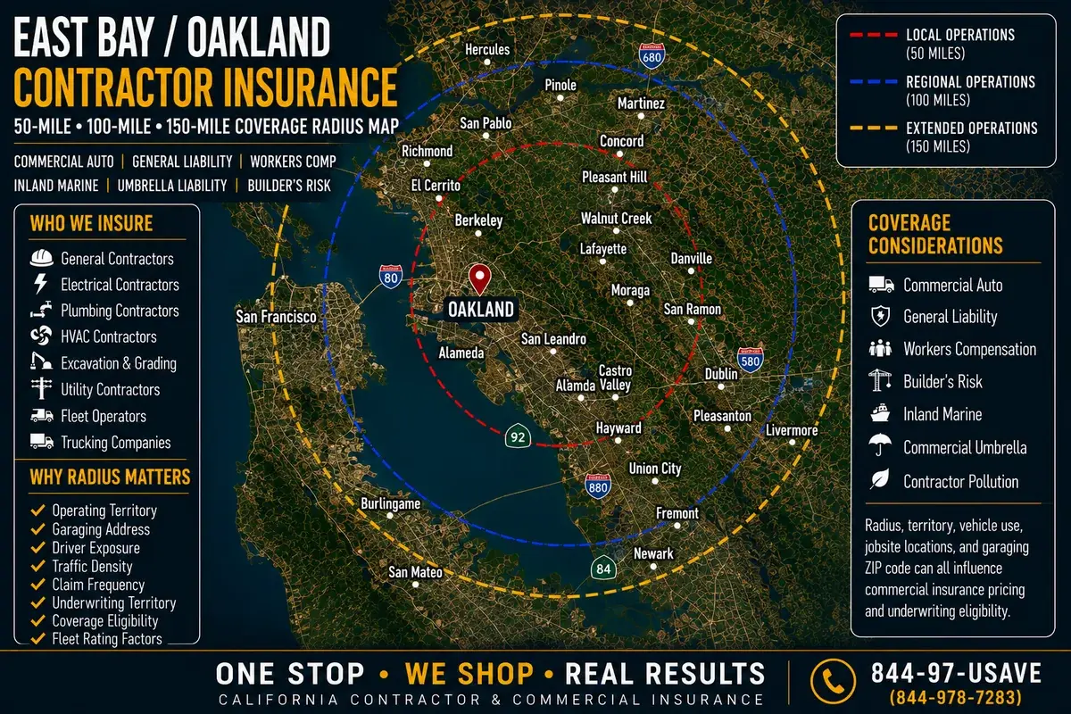 East Bay and Oakland contractor insurance coverage radius map — 50, 100 and 150-mile local, regional and extended operations zones from Gleason Insurance Brokers