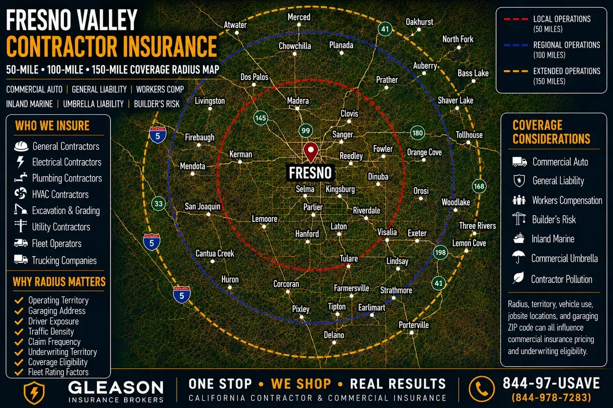Fresno Valley contractor insurance coverage radius map — 50, 100 and 150-mile local, regional and extended operations zones from Gleason Insurance Brokers