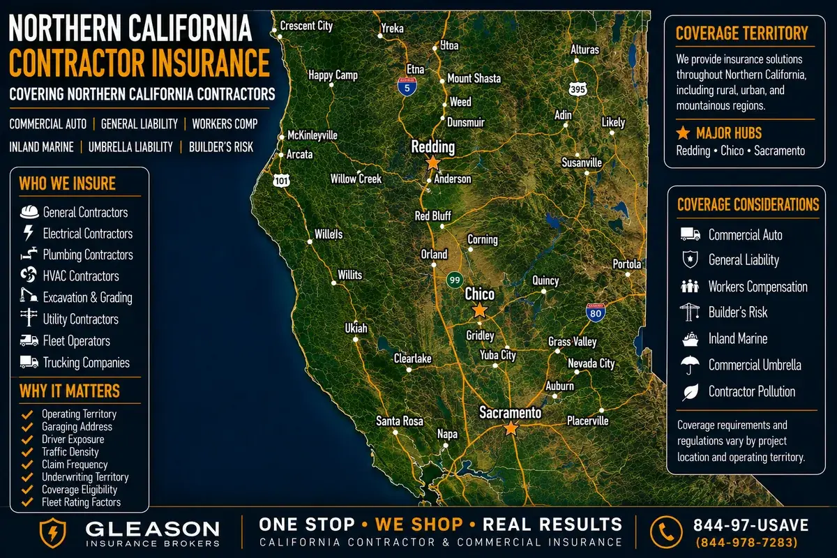 Northern California contractor insurance coverage map showing the Redding, Chico and Sacramento hub regions from Gleason Insurance Brokers
