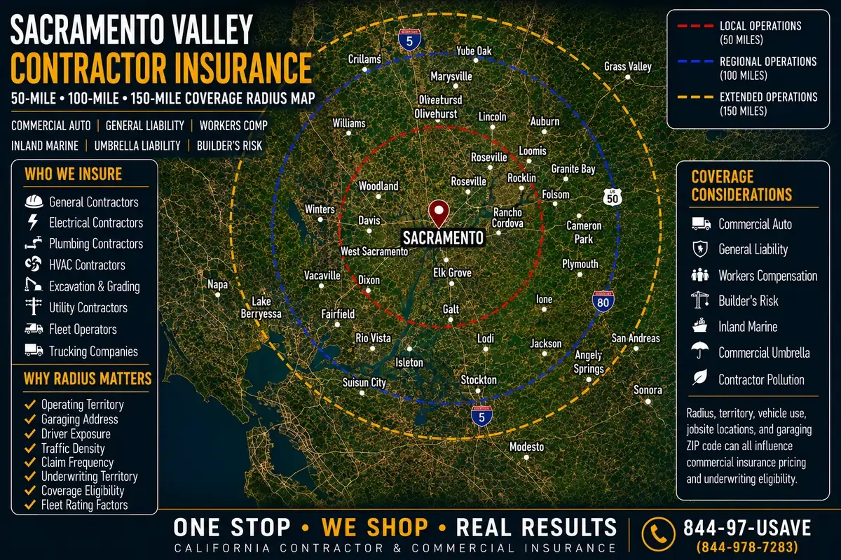 Sacramento Valley contractor insurance coverage radius map — 50, 100 and 150-mile local, regional and extended operations zones from Gleason Insurance Brokers
