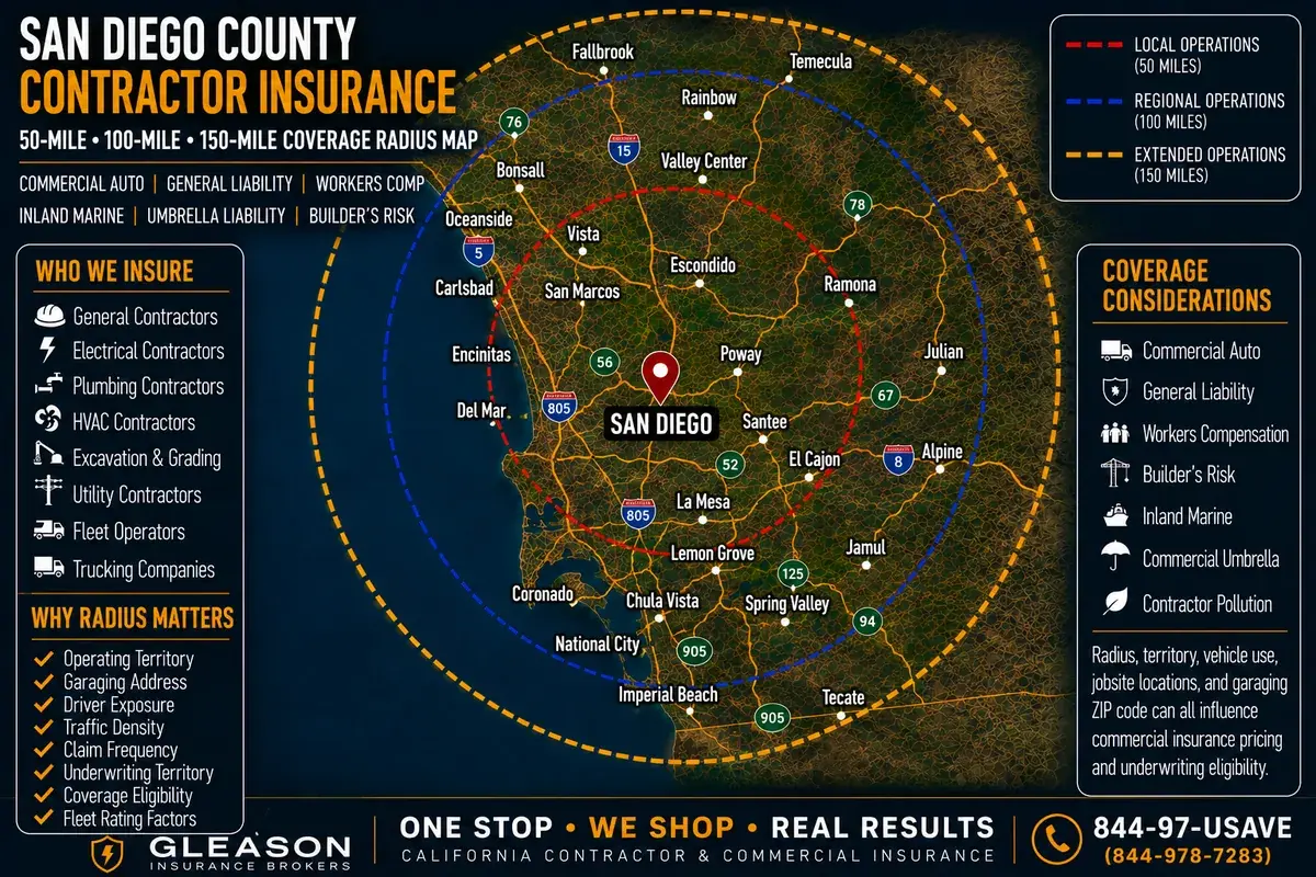 San Diego County contractor insurance coverage radius map — 50, 100 and 150-mile local, regional and extended operations zones from Gleason Insurance Brokers