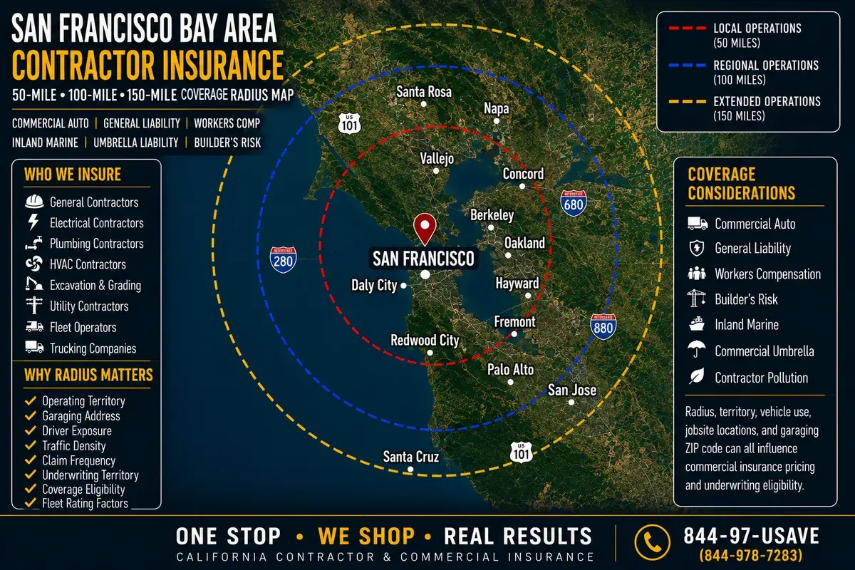 San Francisco Bay Area contractor insurance coverage radius map — 50, 100 and 150-mile local, regional and extended operations zones from Gleason Insurance Brokers